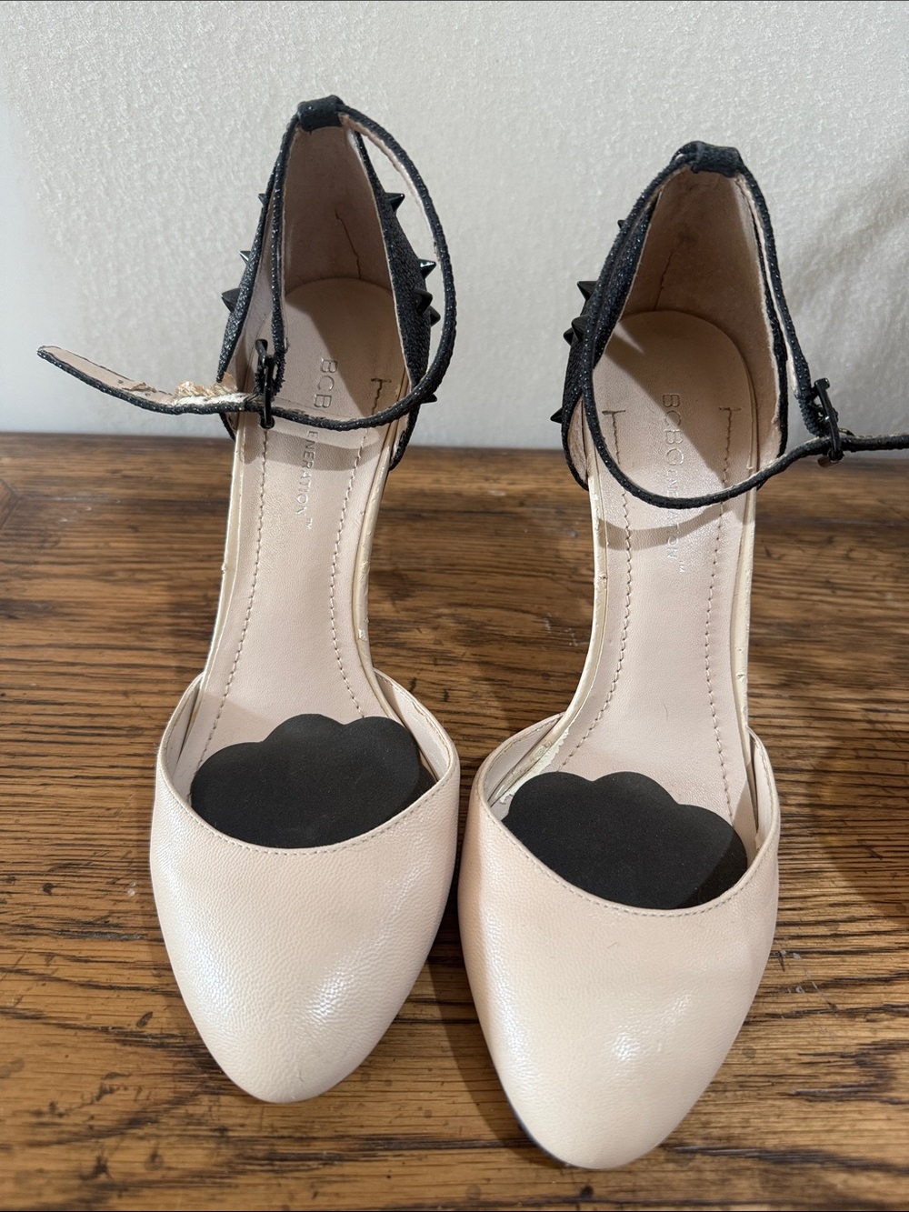 BCBGeneration Nude and Black Ankle-Strap Pointed Heels